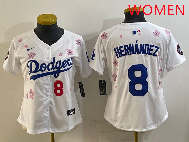 Women Los Angeles Dodgers #8 Hernandez White Sakura Edition 2025 Nike MLB Jersey style 3